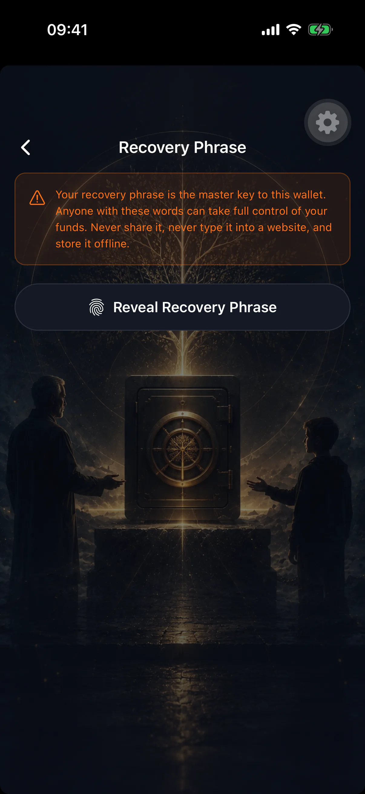 The recovery phrase screen in account settings, warning before revealing the words