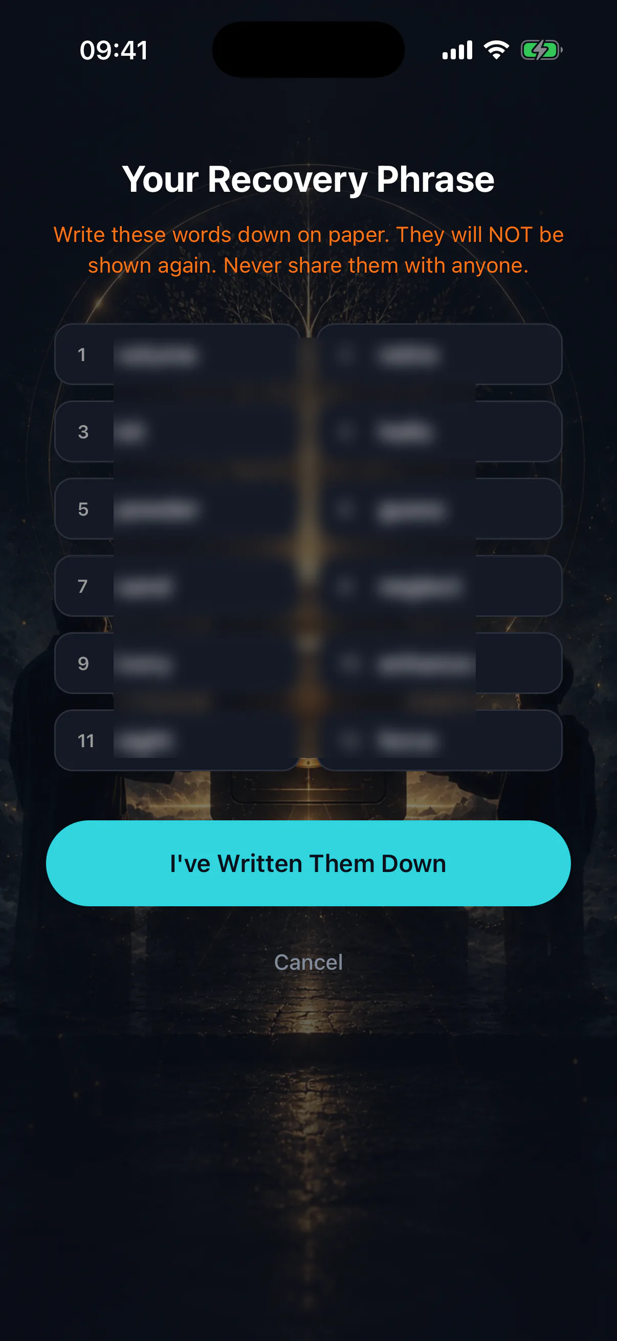 The recovery phrase screen showing twelve numbered words