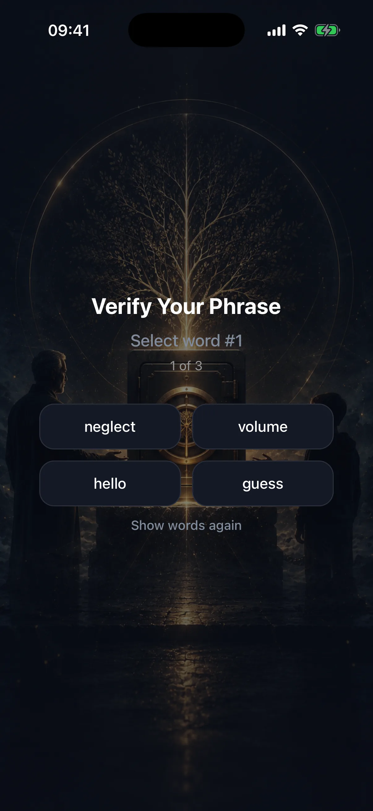 The confirmation screen asking for selected words from the recovery phrase