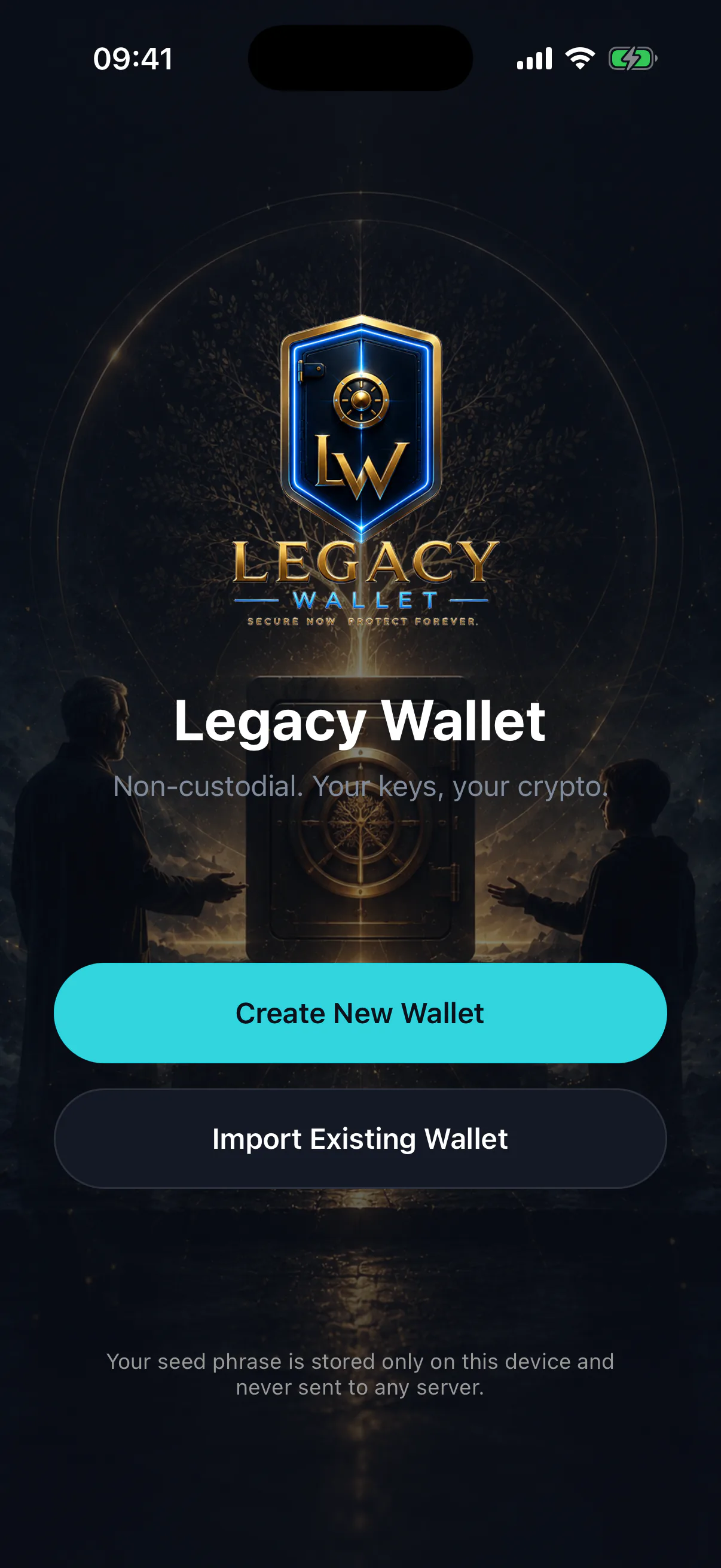 The Legacy Wallet welcome screen offering to create or import a wallet