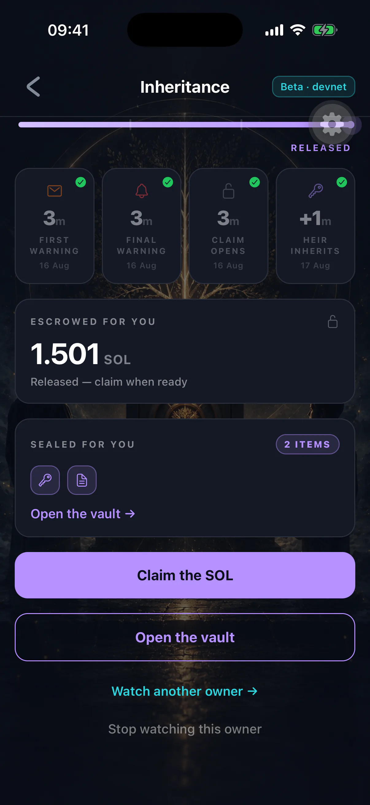 The withdraw screen showing the deposited estate moving to the heir's wallet