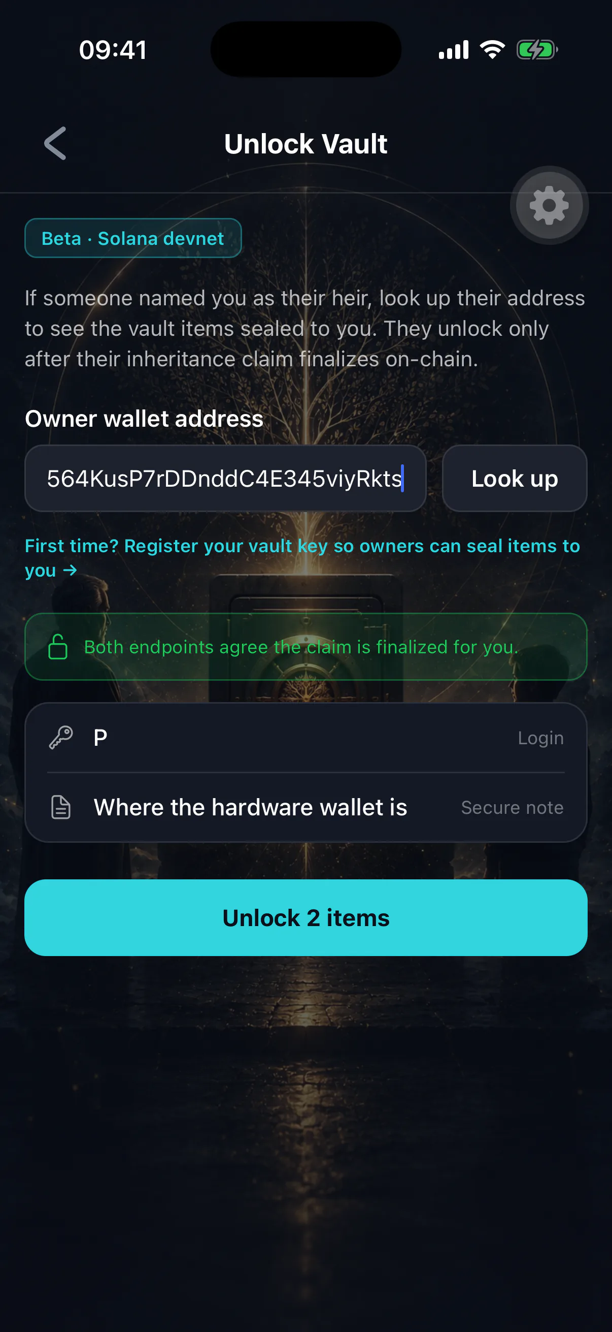 The heir vault unlock screen after a finalized claim