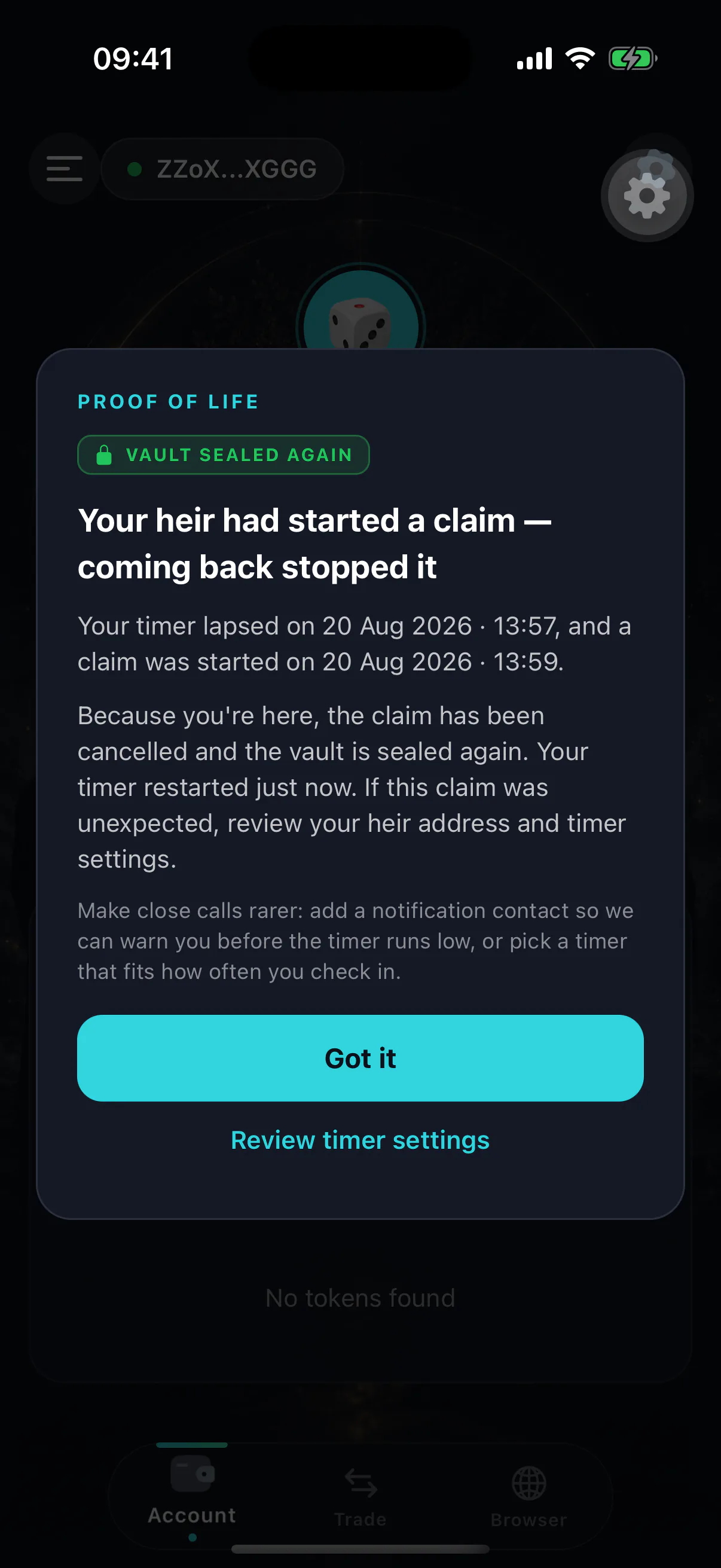 The proof-of-life notice telling the owner their return cancelled a live claim