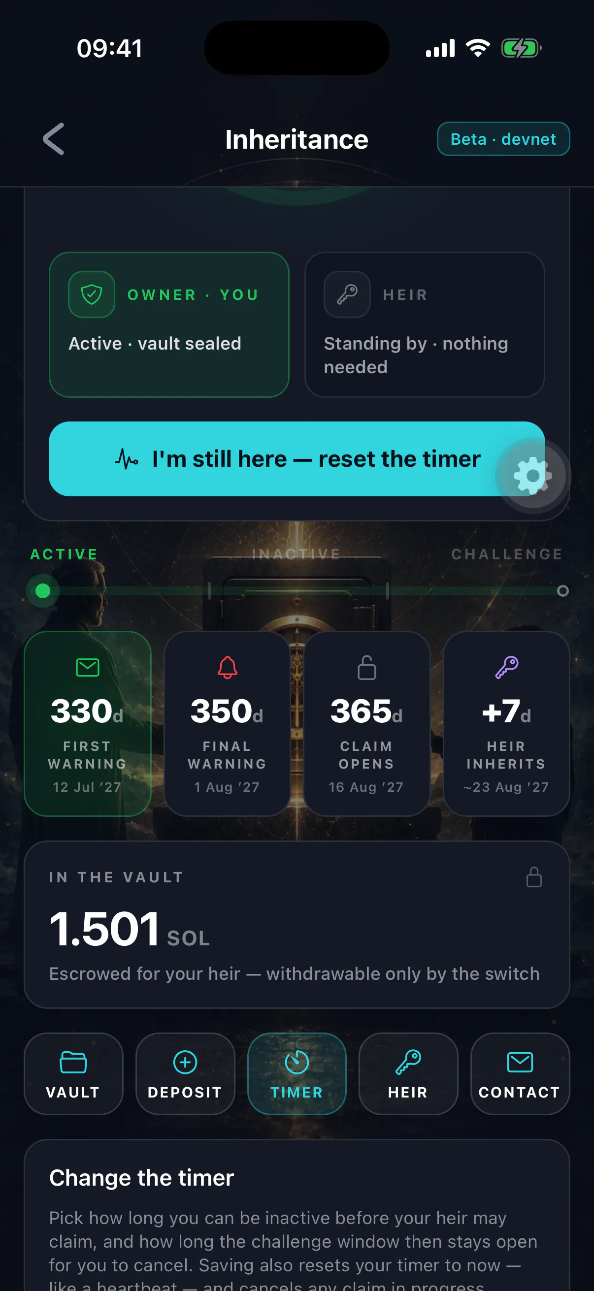 The timer preset chips from one month to three years, with one year marked recommended