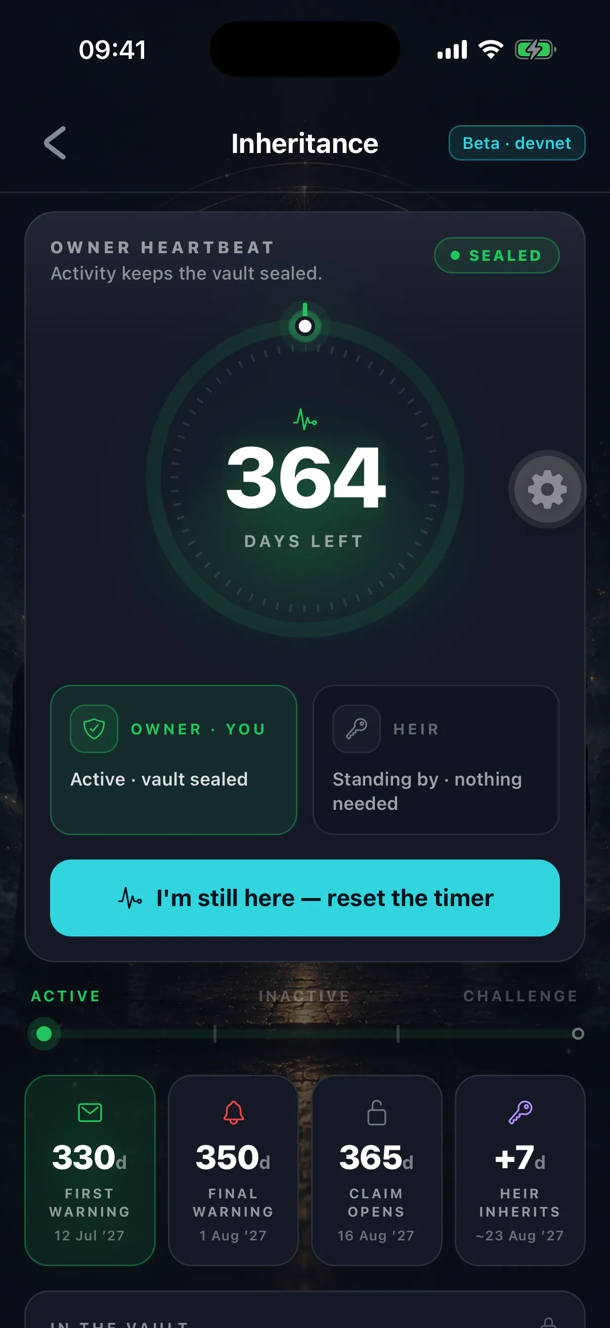 The inheritance dashboard in its normal state, showing a live countdown