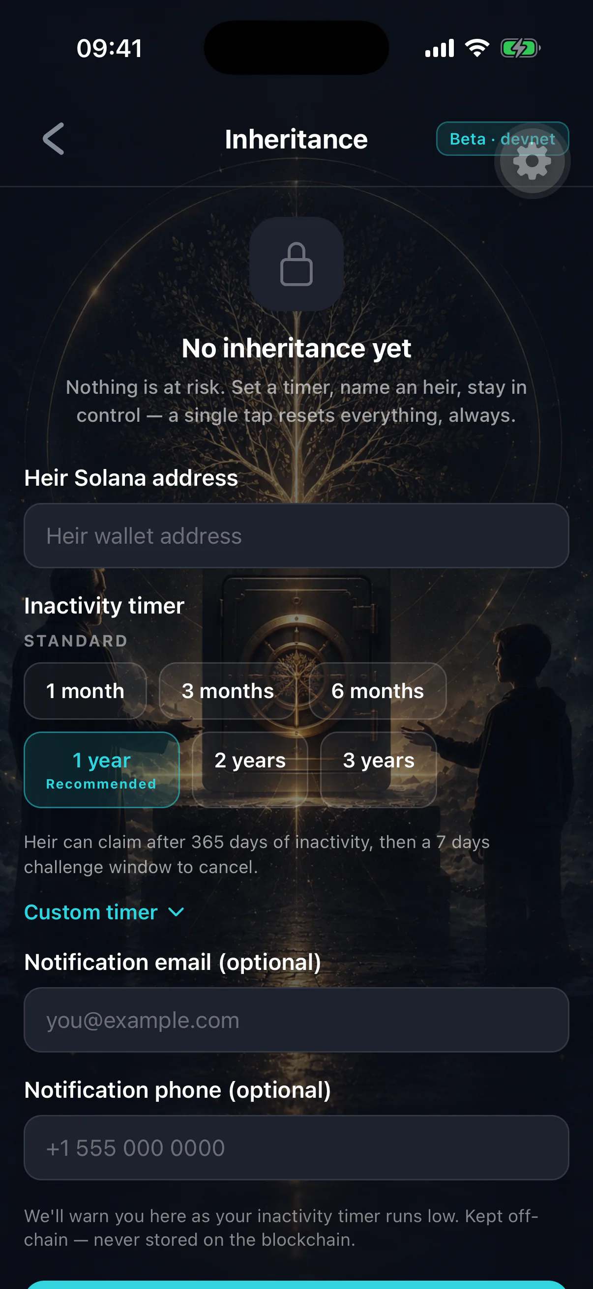 The setup form with a field for the heir's Solana address
