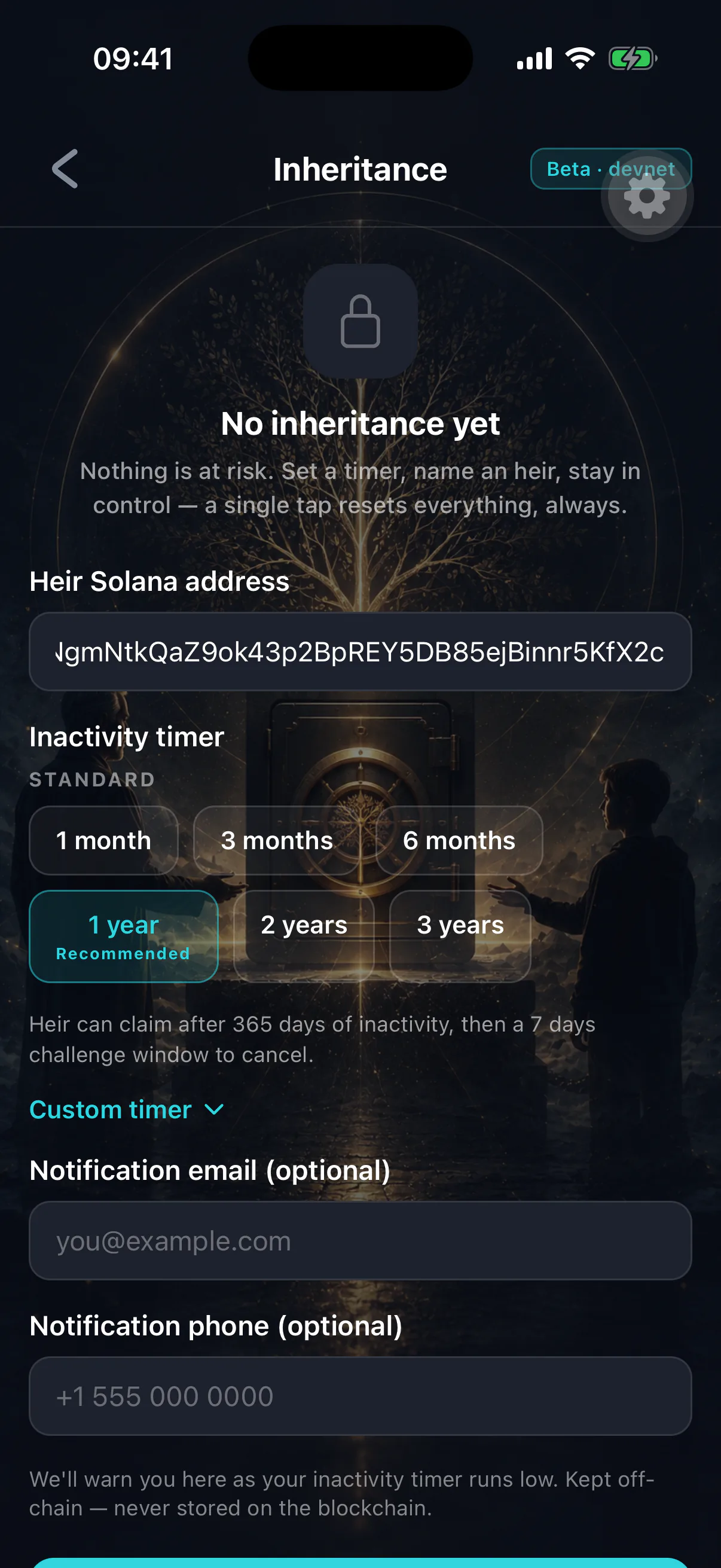 The setup review screen showing heir, inactivity timer and challenge window before signing