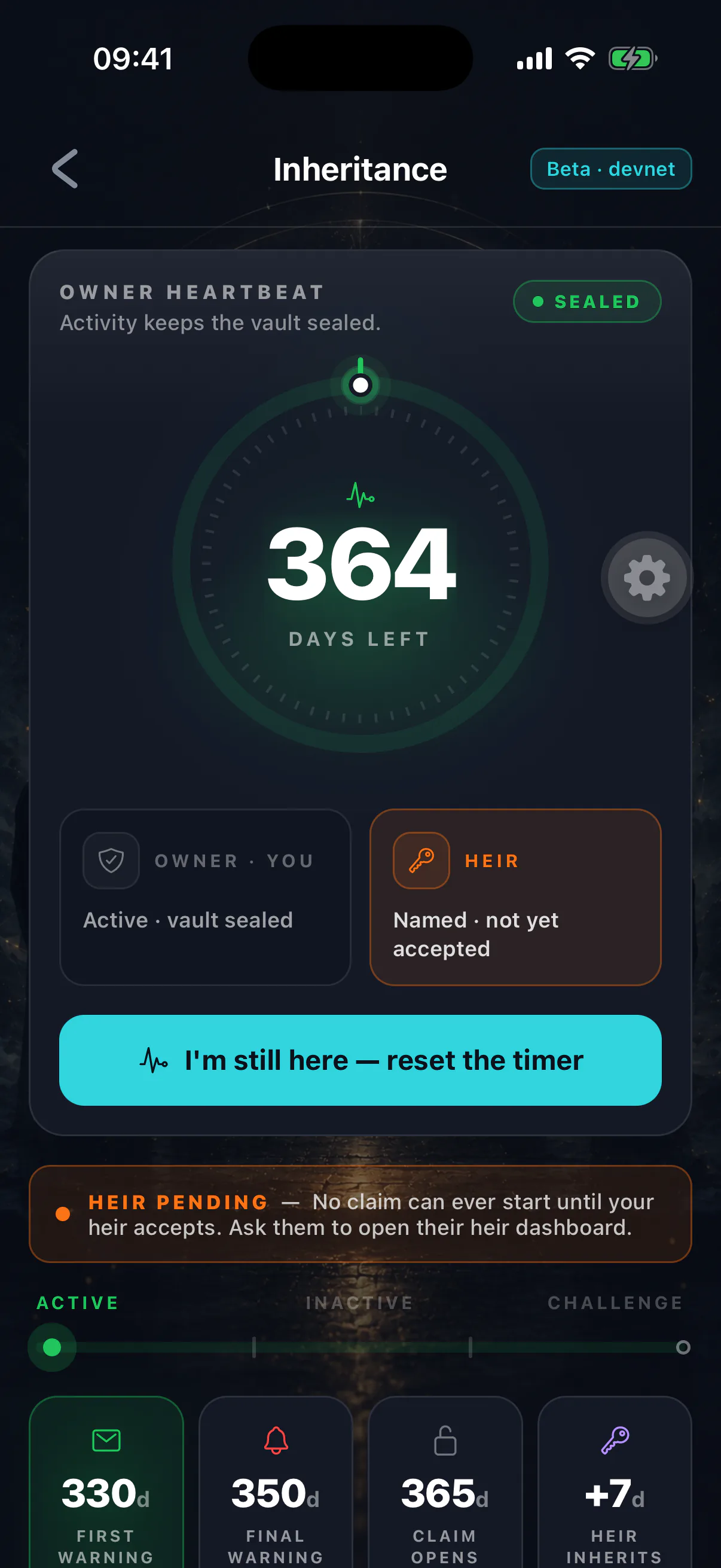The inheritance countdown showing time remaining since the last heartbeat