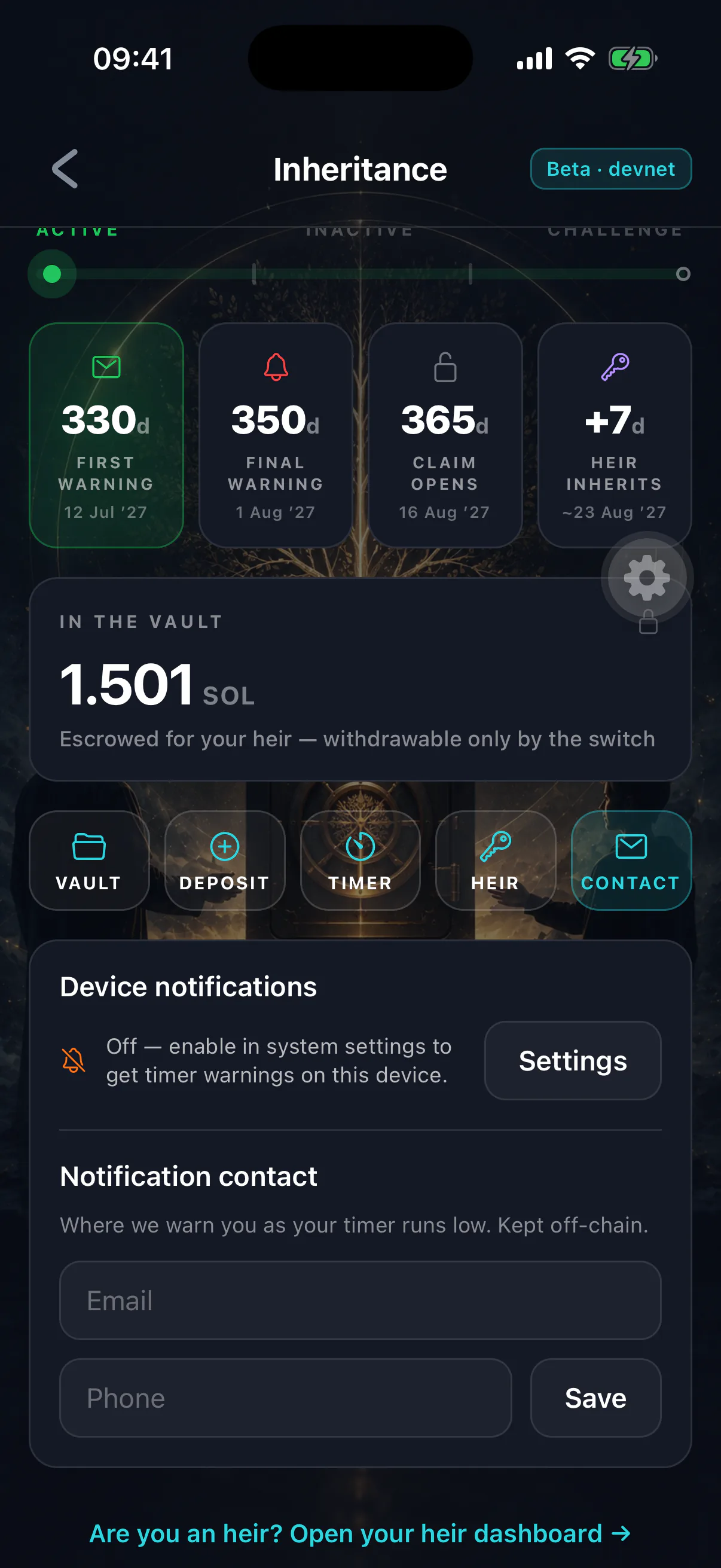 The device notifications card on the inheritance screen