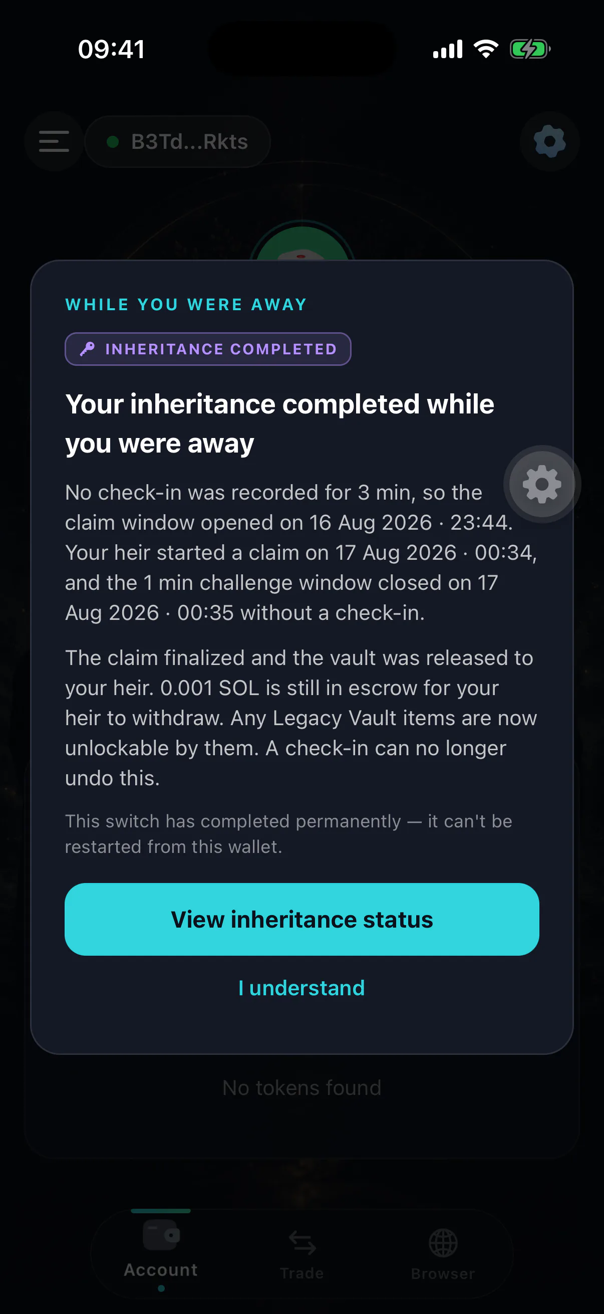 The while-you-were-away modal shown when the owner opens the app after a lapse or claim