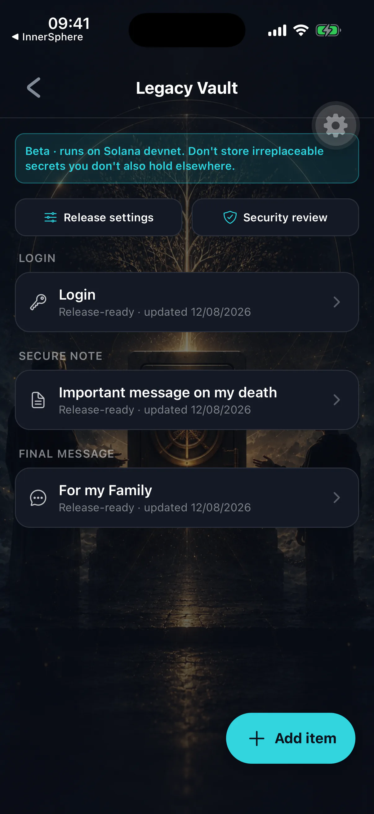 The Legacy Vault home screen listing encrypted items