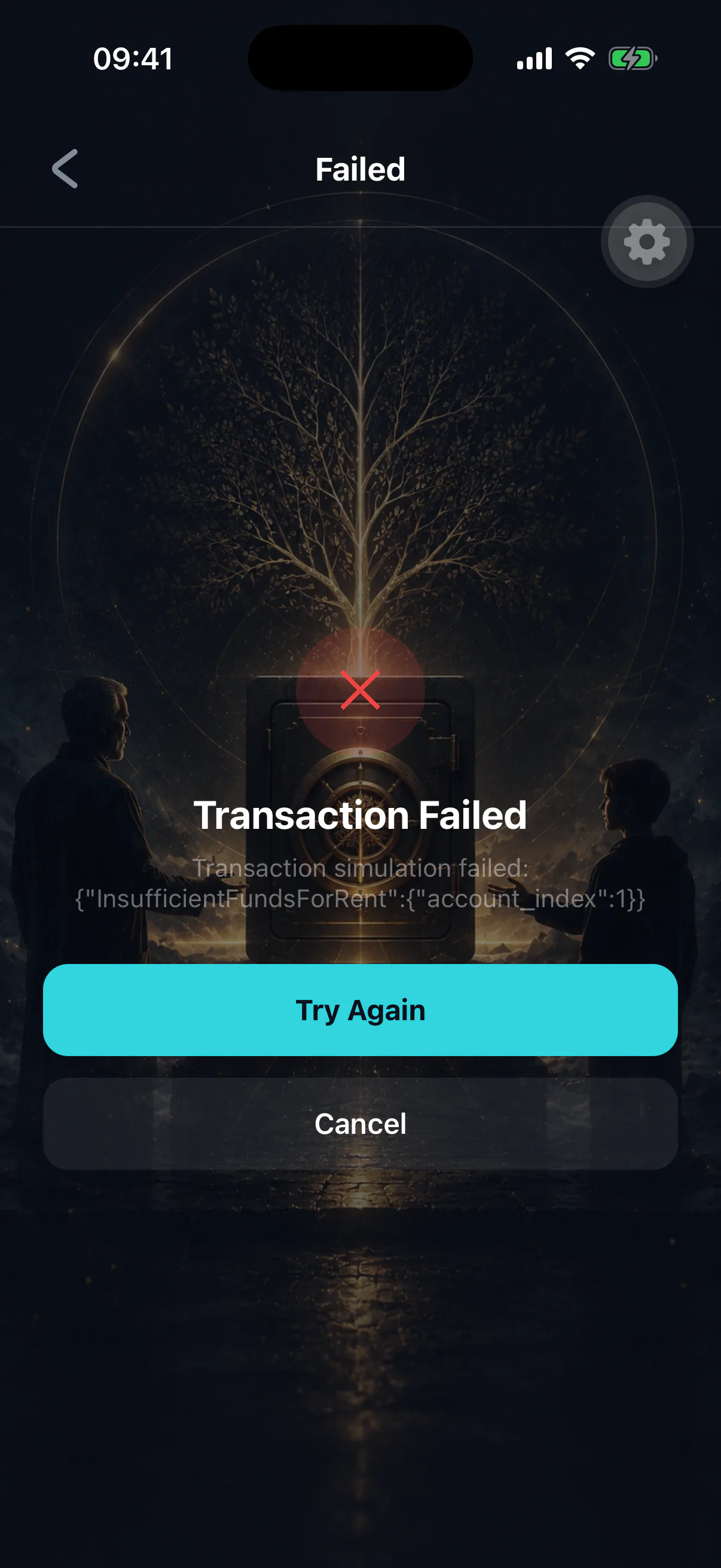 The transaction failed screen, showing the error the network returned