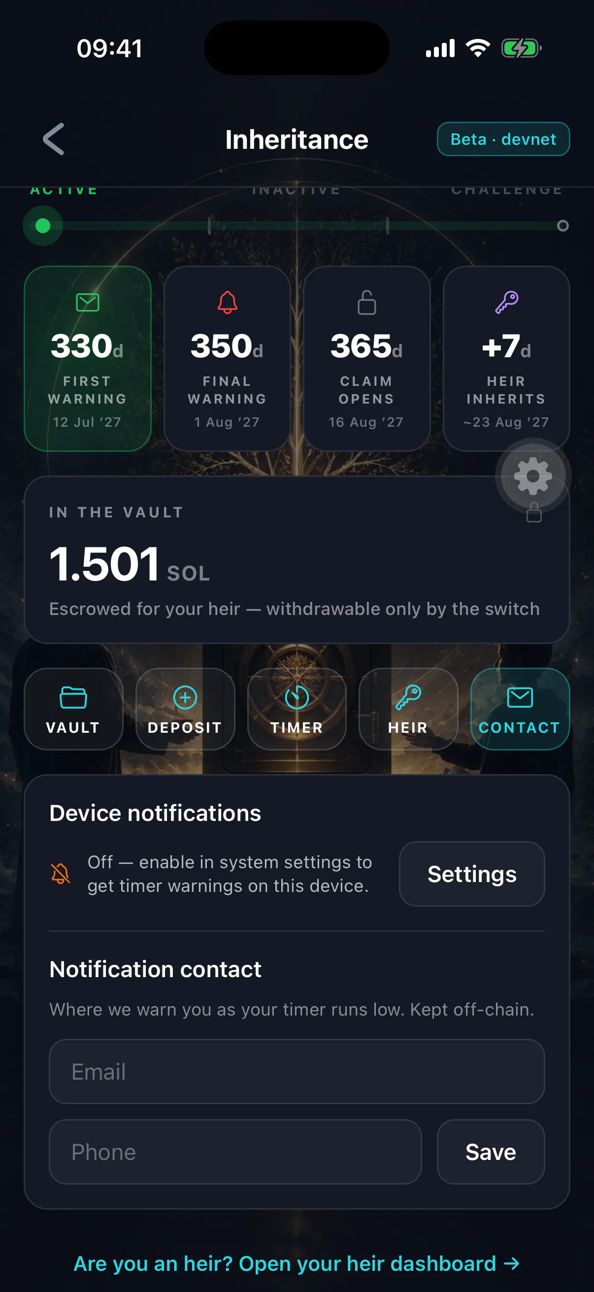 The device notifications card showing permission state and a link to OS settings