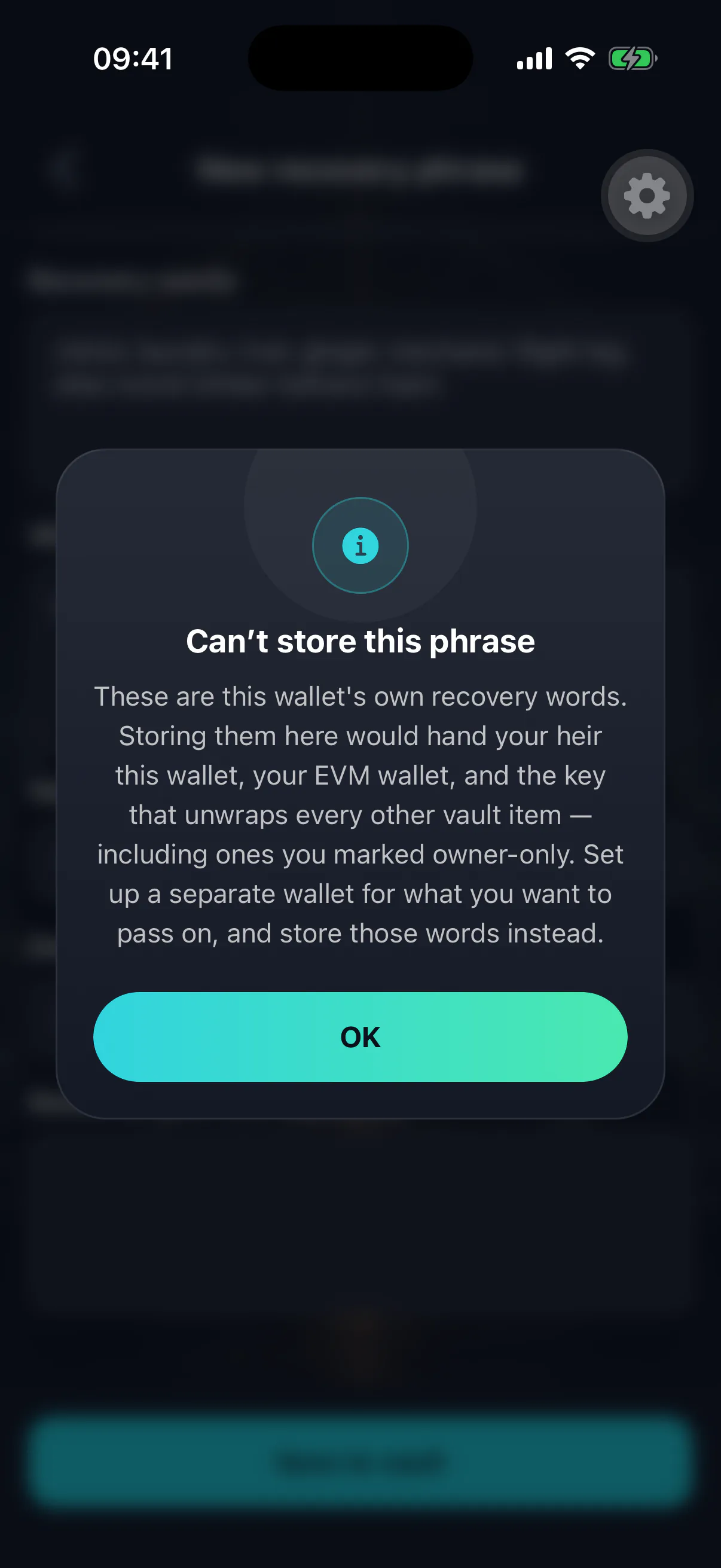 The warning shown when a phrase deriving an address on this device is entered