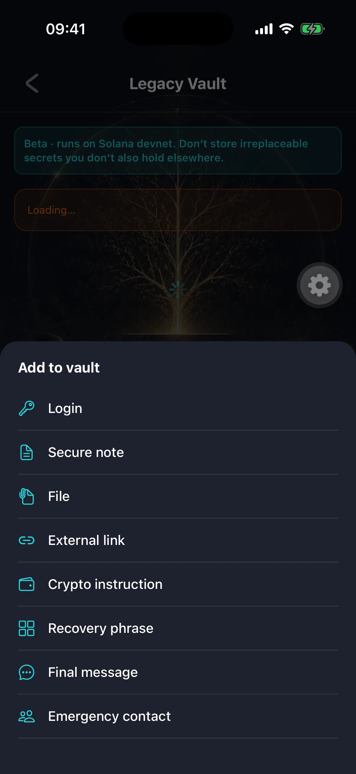 The item type picker showing all eight vault item types
