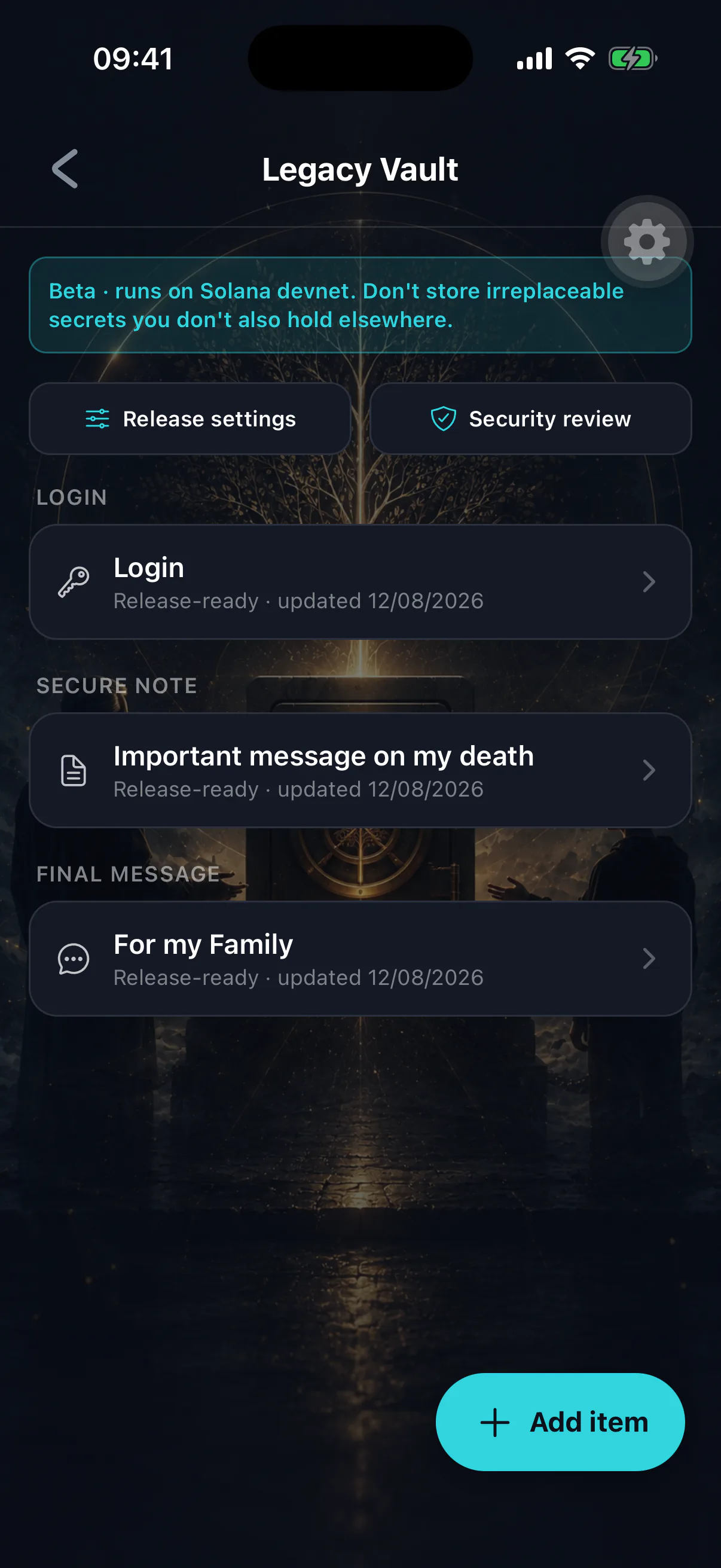 The Legacy Vault home screen listing encrypted items by title and category