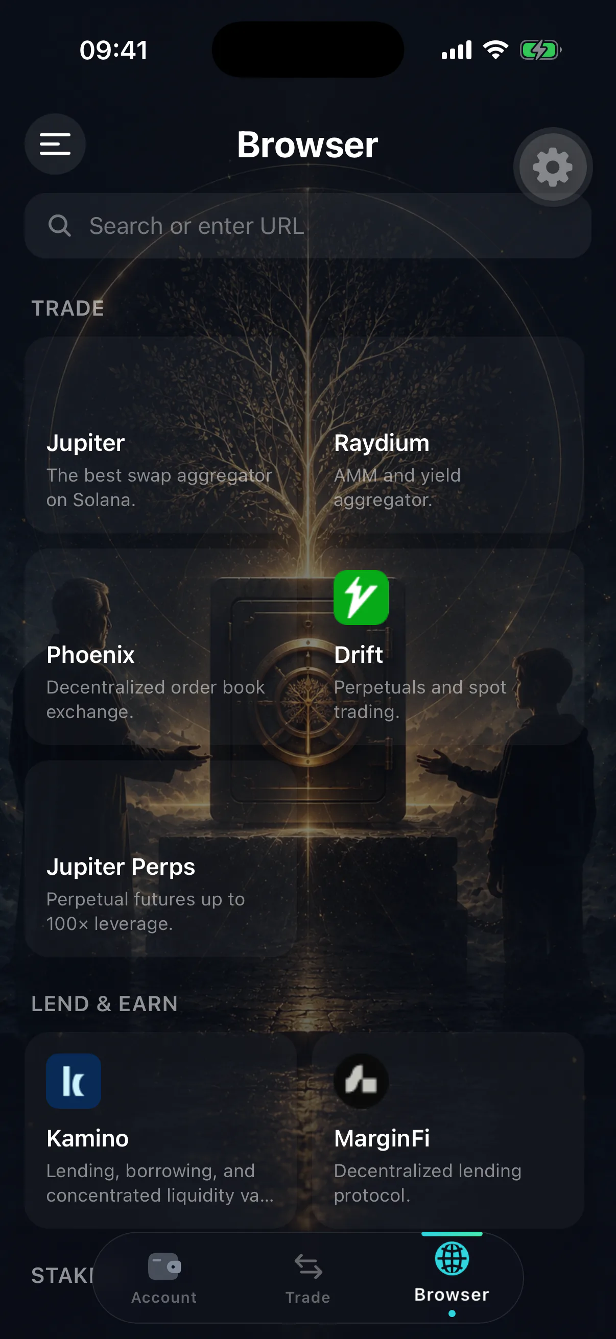 The built-in browser showing a Solana app requesting to connect