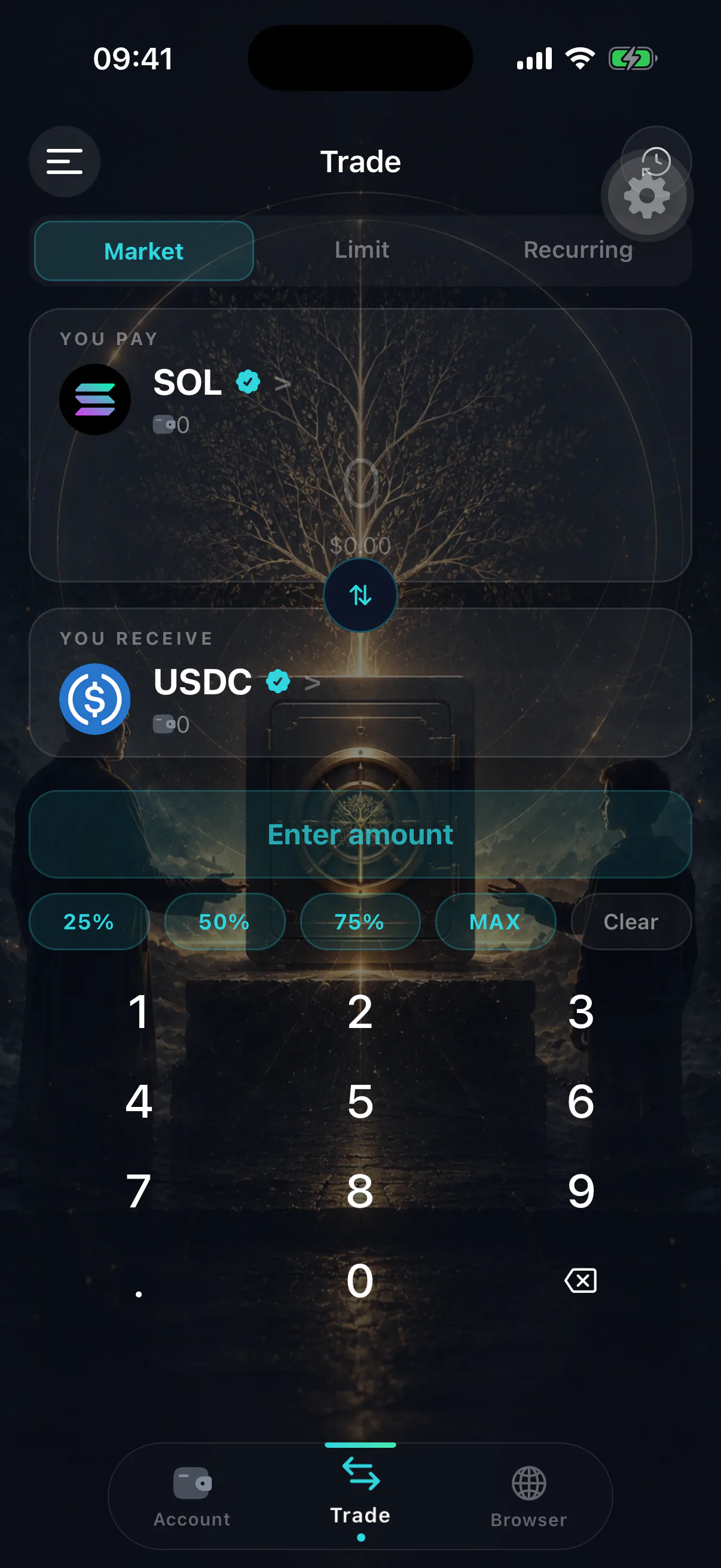 The swap screen showing a quote with estimated output, price impact and route