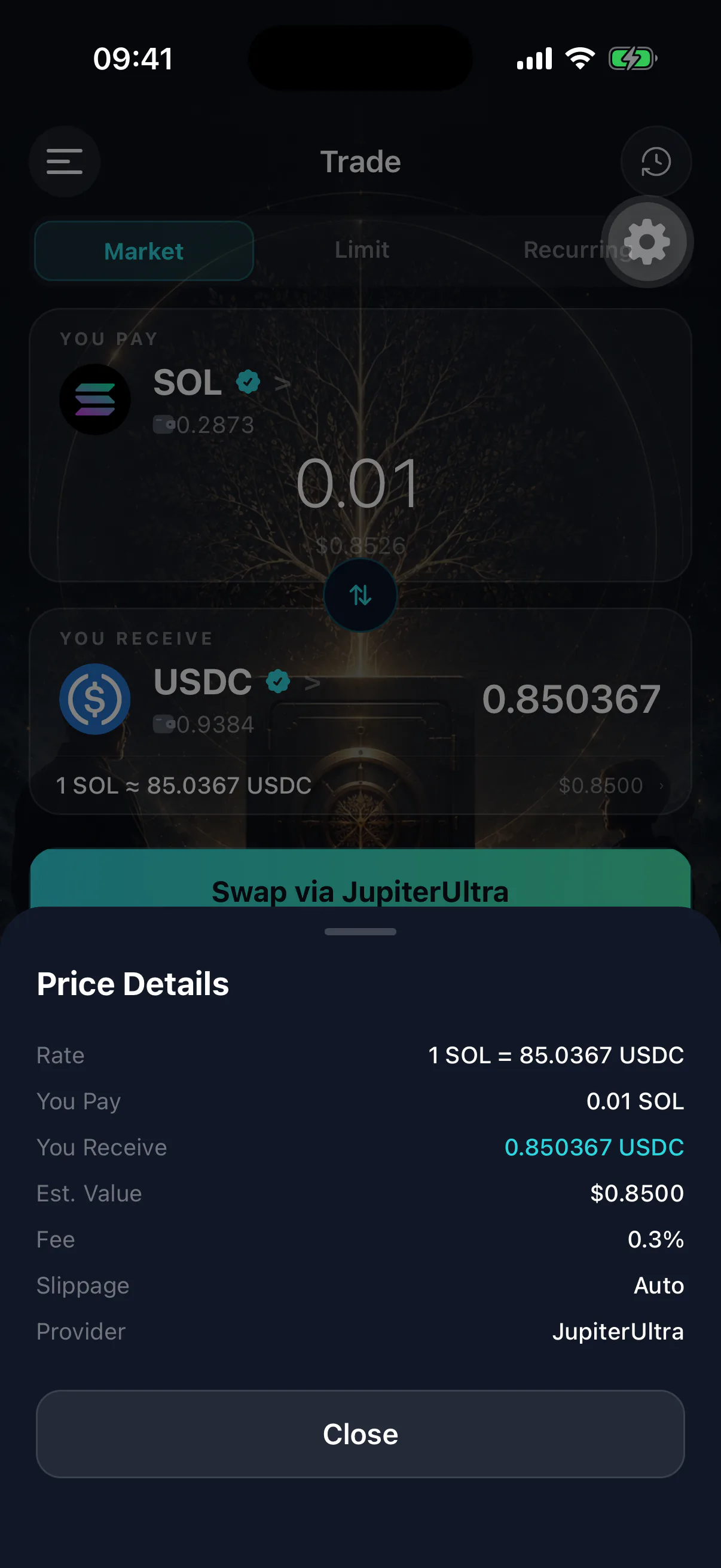 The swap quote details showing fee, slippage set to Auto, and the routing provider